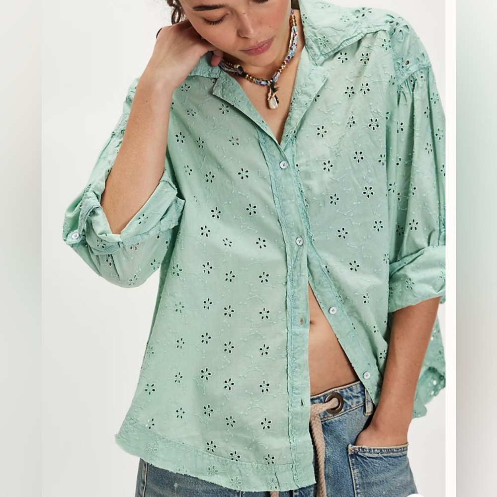 NWOT Free People Mae Eyelet Shirt Sz XS Faded Green